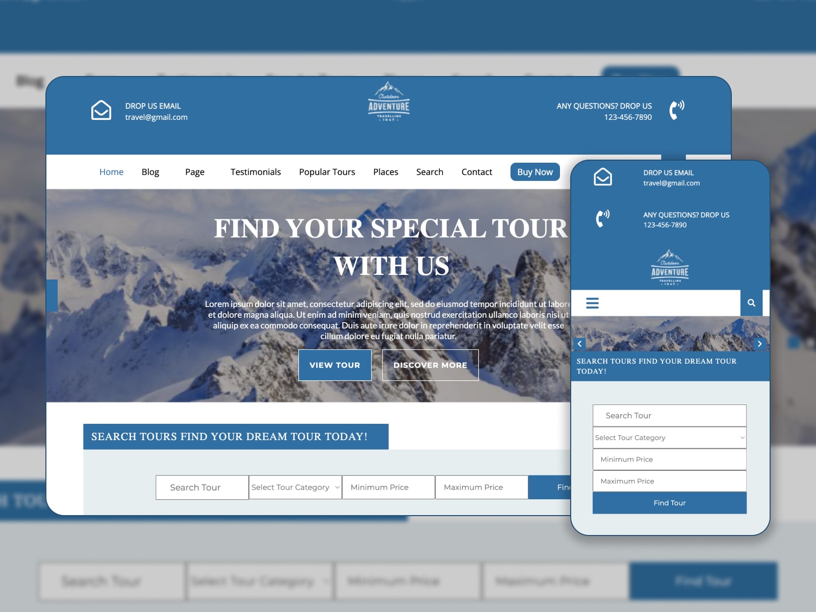 Collage of the Travel Agent WordPress theme demo homepage in blue and white colors.