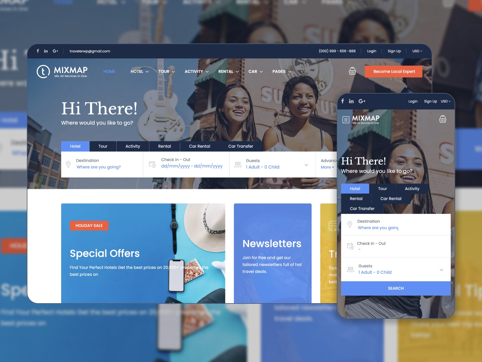 Collage of the Traveler WordPress travel booking theme in blue, dark-blue and white colors.
