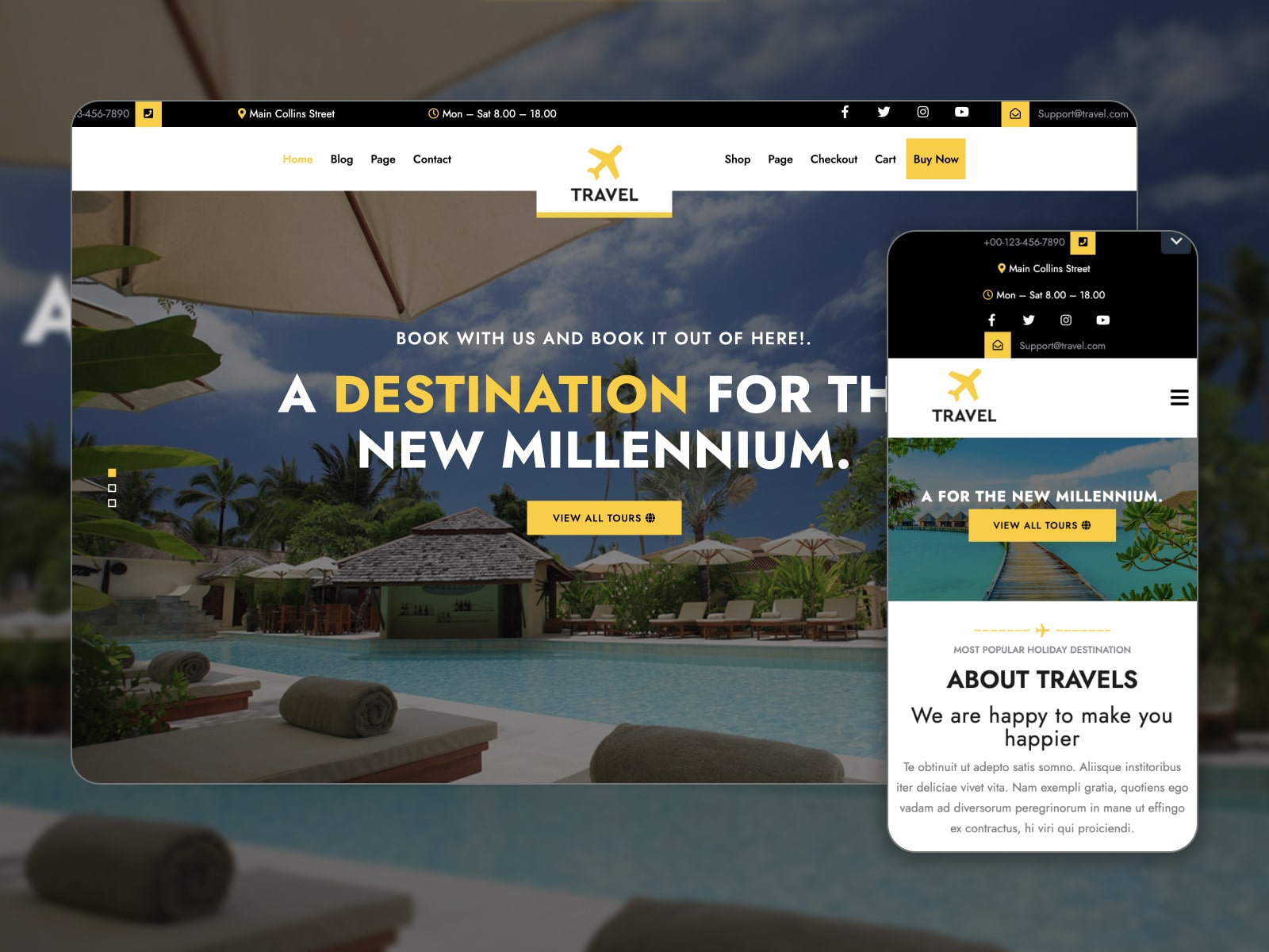 Collage of the Travel Tourism WordPress demo site in blue, white and yellow colors.