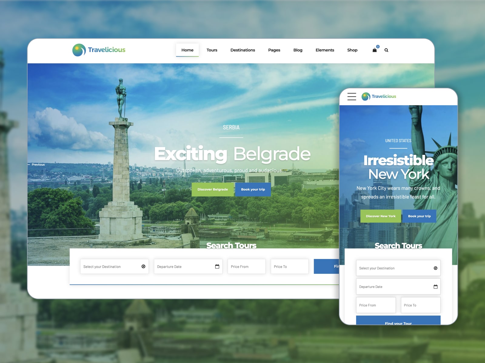 Collage of the Travelicious WordPress theme demo for travel agency websites in blue, green and white colors.