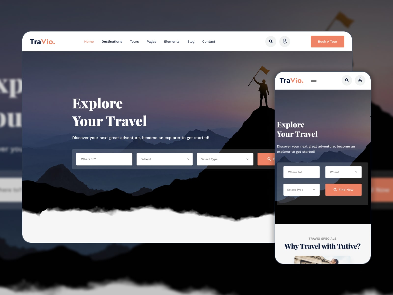 Collage of the Travio WordPress theme demo page for a travel agency website.