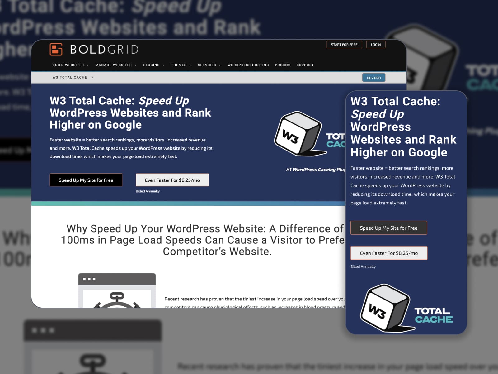 Collage of W3 Total Cache WordPress plugin homepage in blue and white colors.