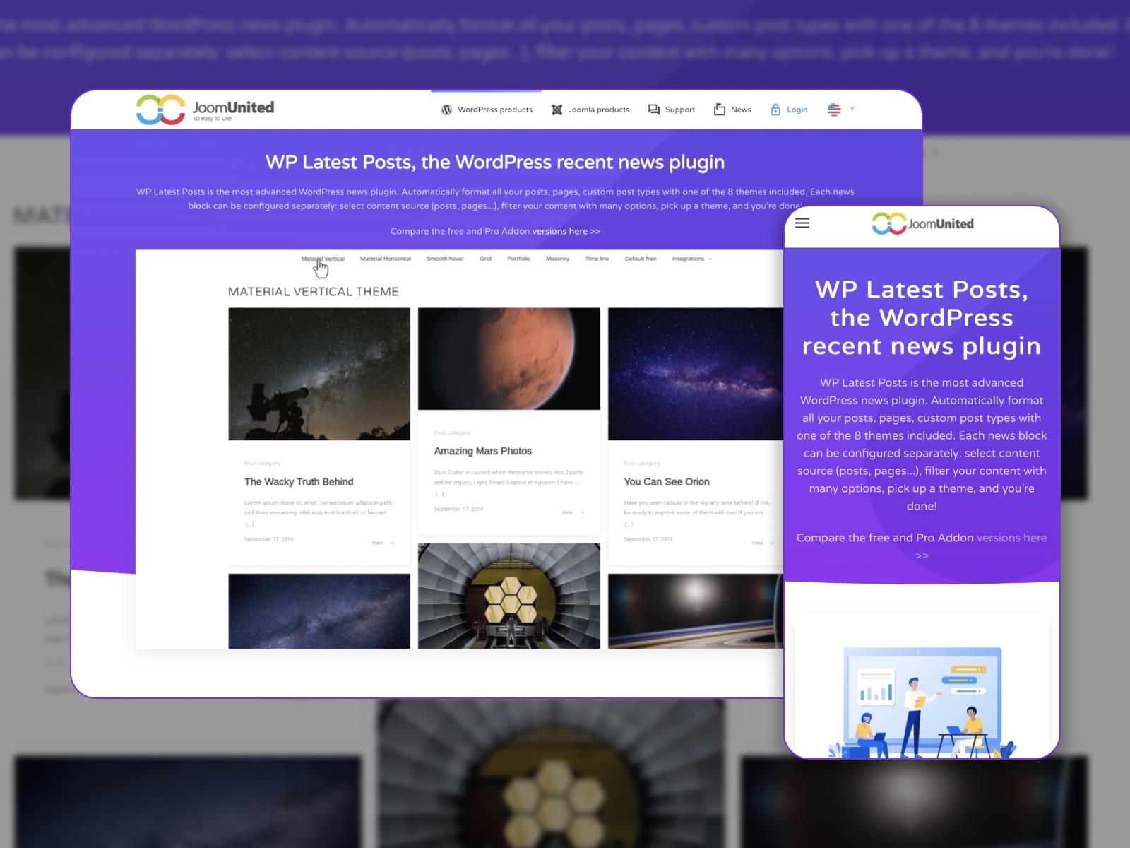 Collage of the WP Latest Posts recent news WordPress plugin homepage made in violet and white colors.