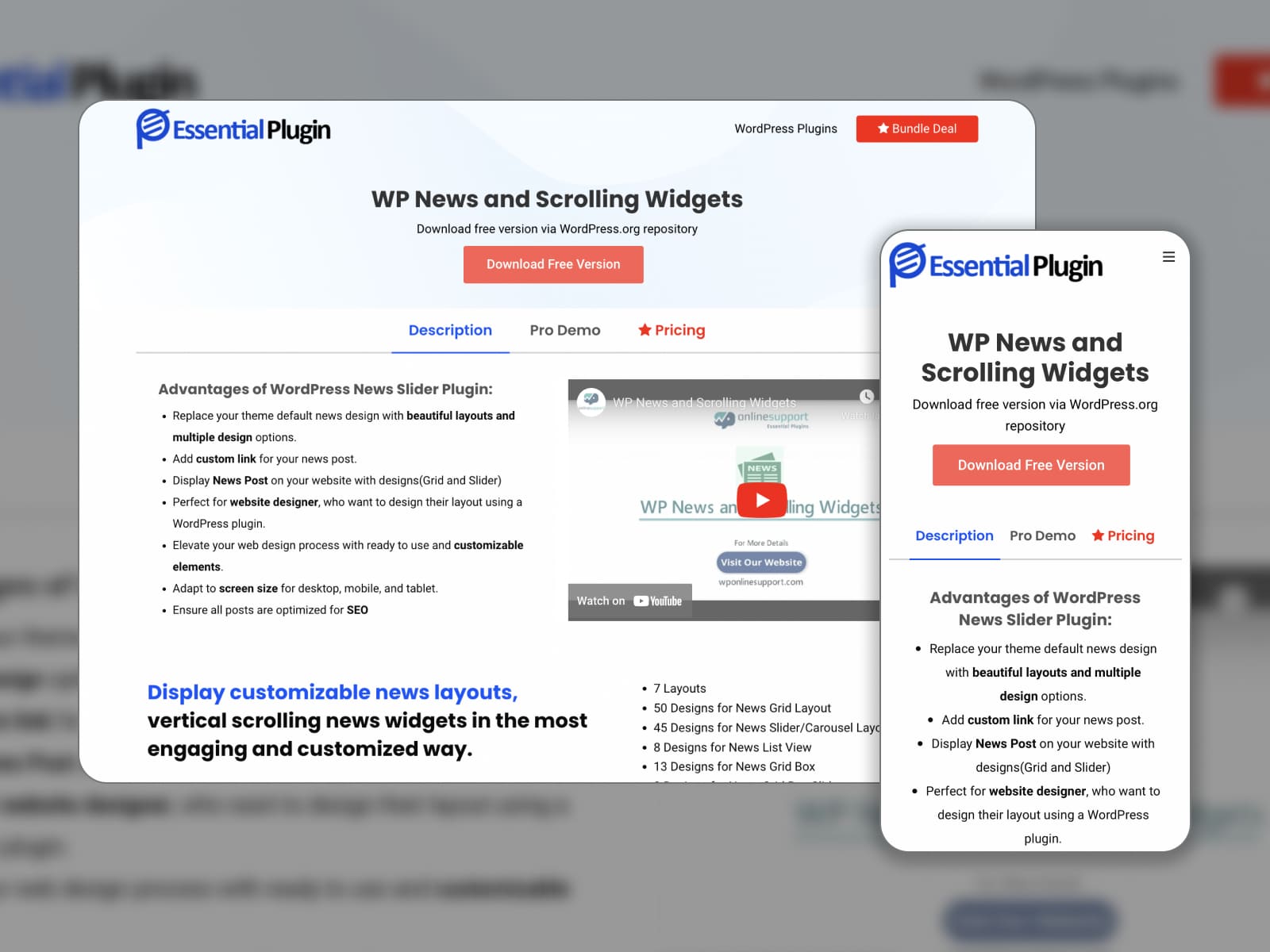 Collage of the WP News and Scrolling Widgets plugin homepage.