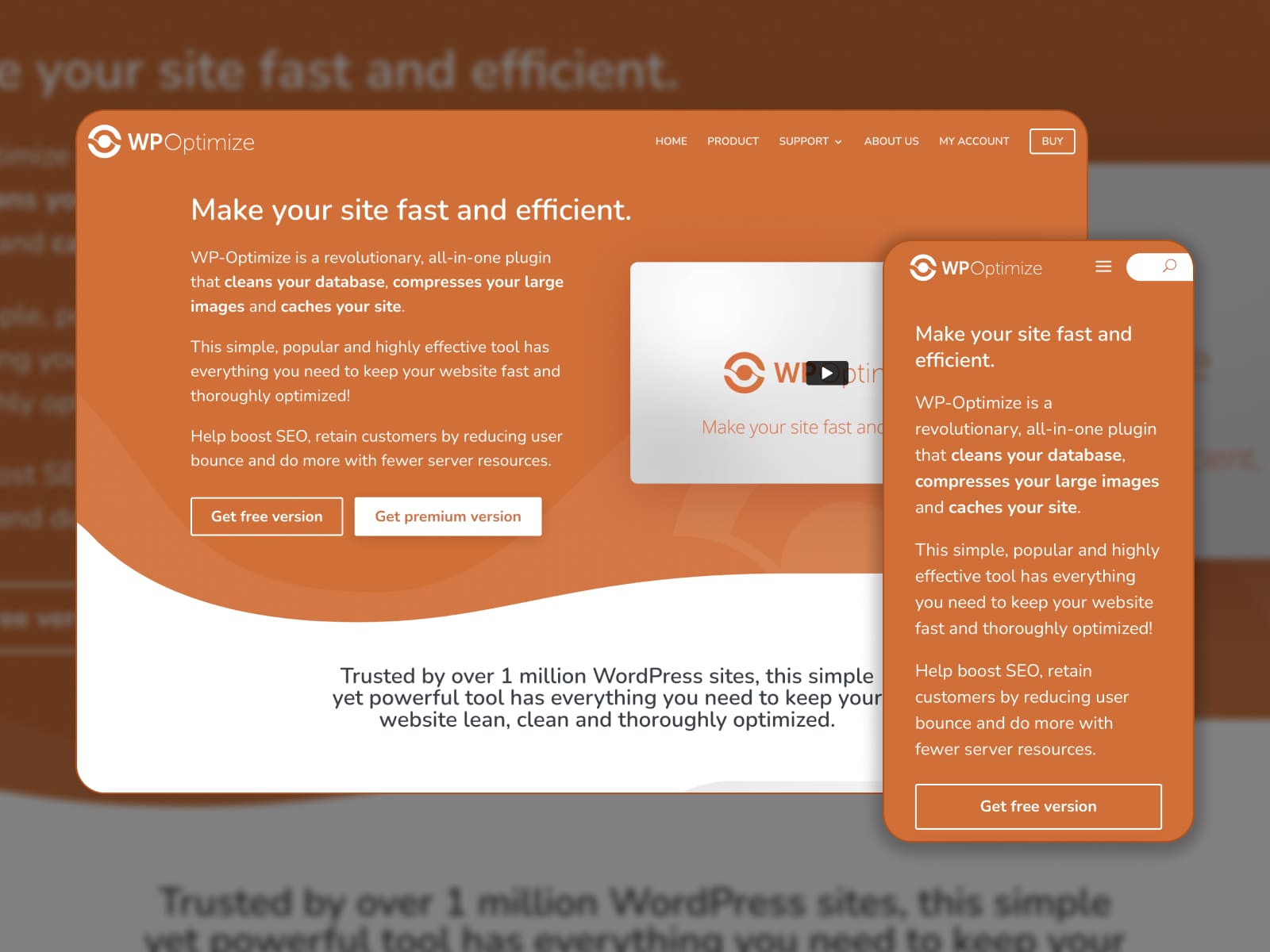 Collage of WP Optimize caching plugin homepage in orange and white colors.