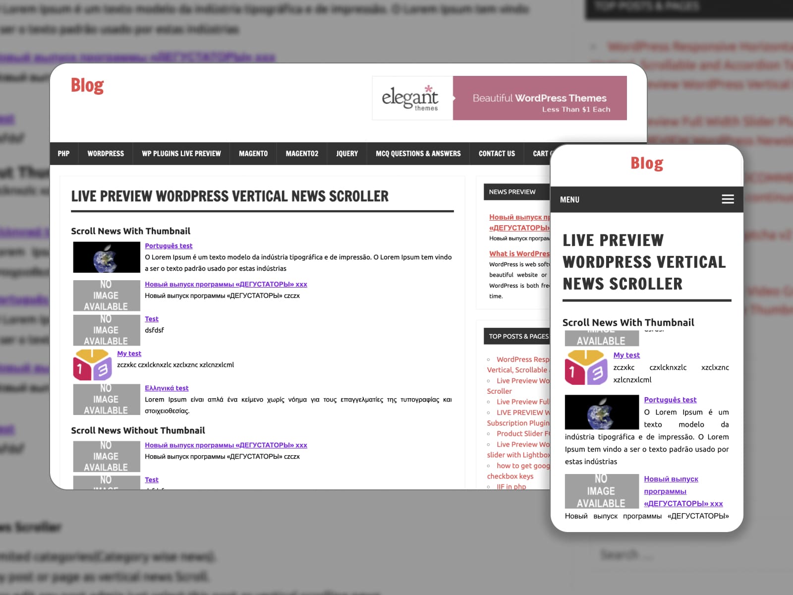 Live Preview page of the WordPress Vertical News Scroller plugin.