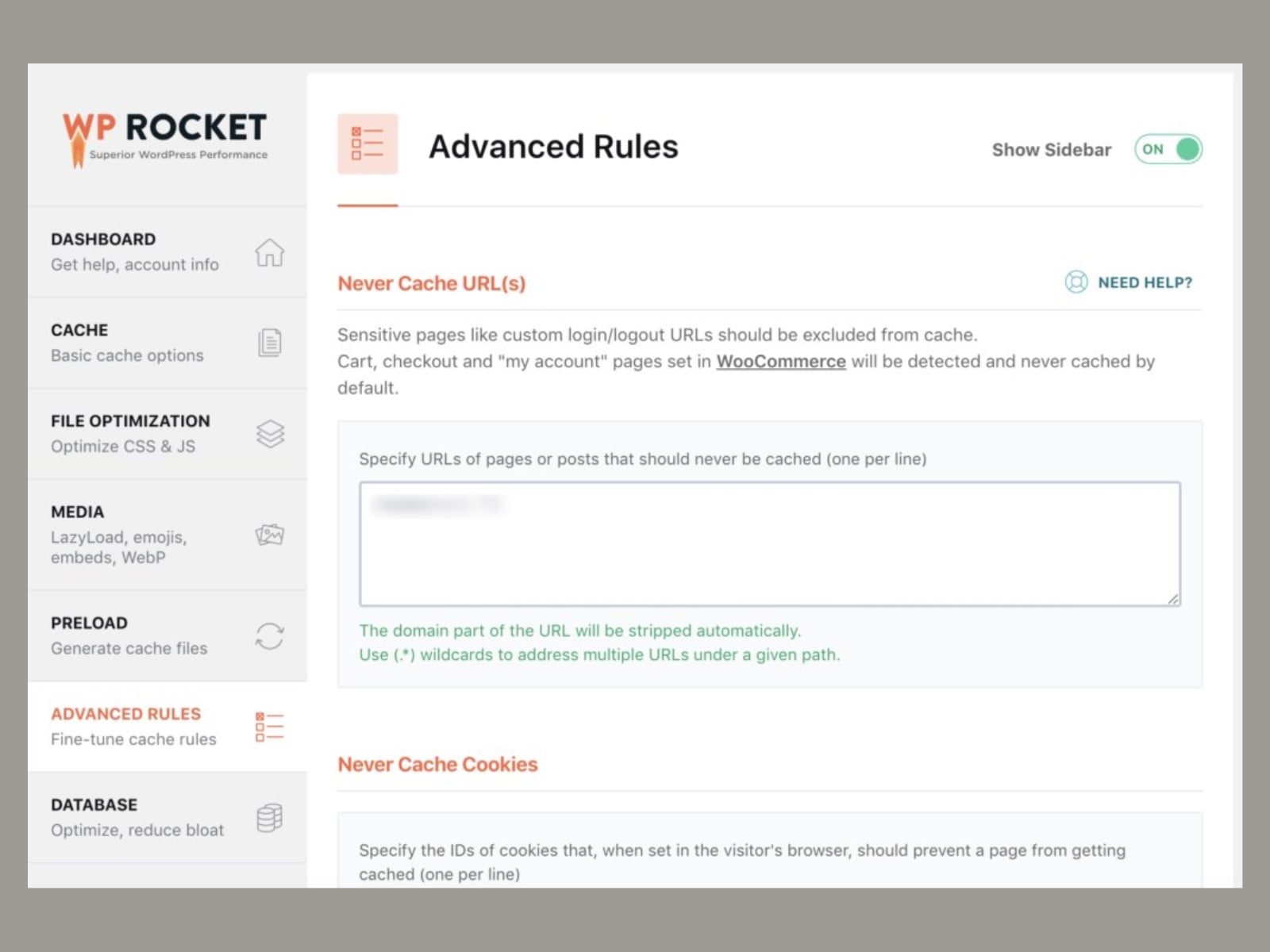 WP Rocket advanced rules tab to configure never cache settings.