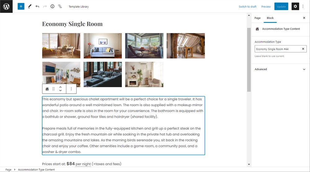 Building a page with WordPress templates and blocks for Hotel Booking.