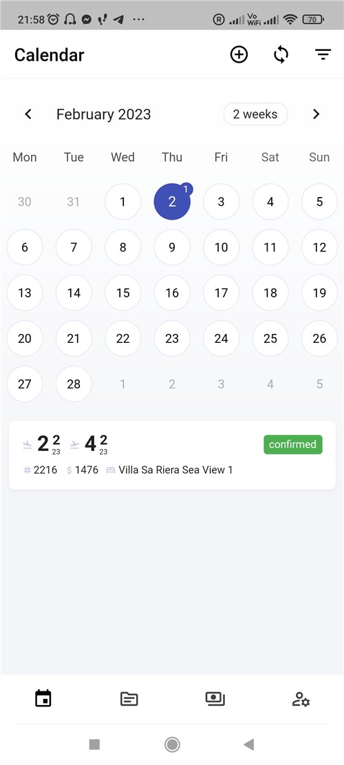 The hotel booking mobile app calendar.