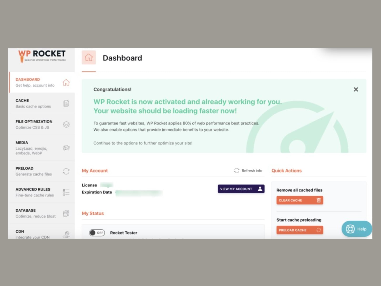 Image of WP Rocket plugin dashboard with a welcoming message and account status for review.