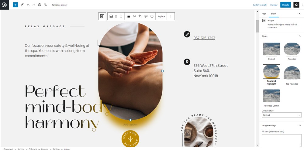 The header section in the Restline massage WordPress theme.