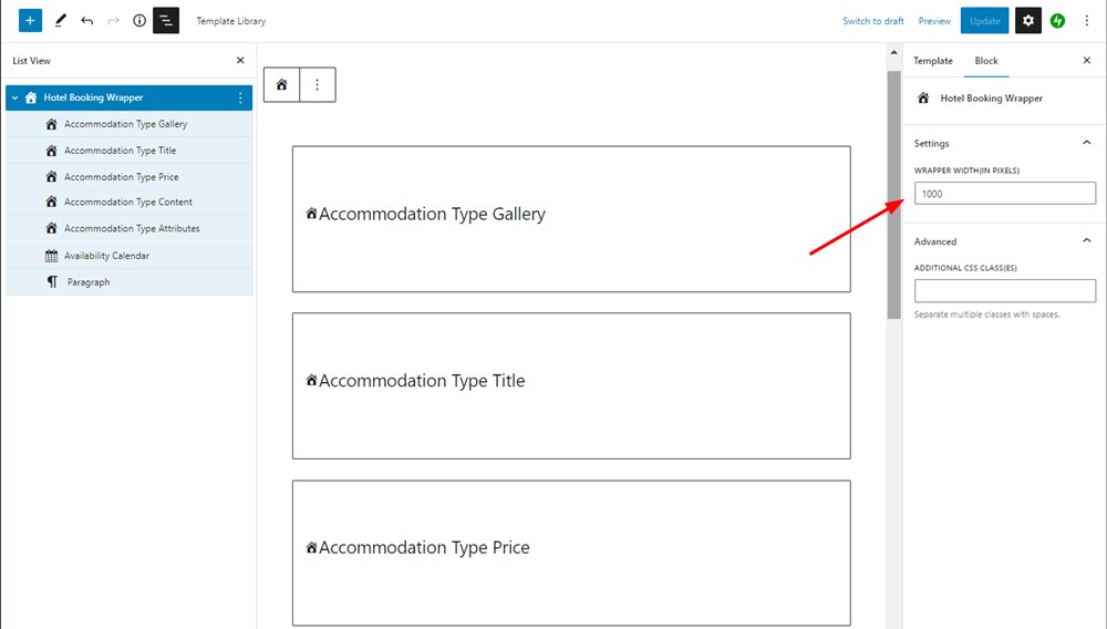 The hotel booking wapper block in the template editor.