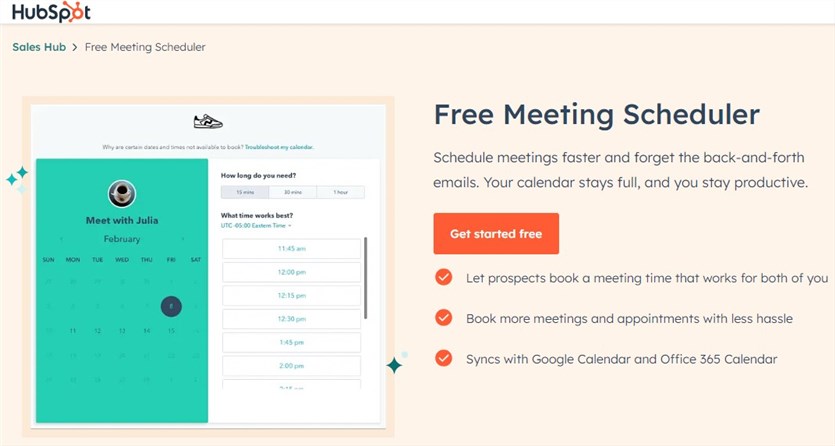 Screenshot of the HubSpot meetings tool homepage in orange and white colors.