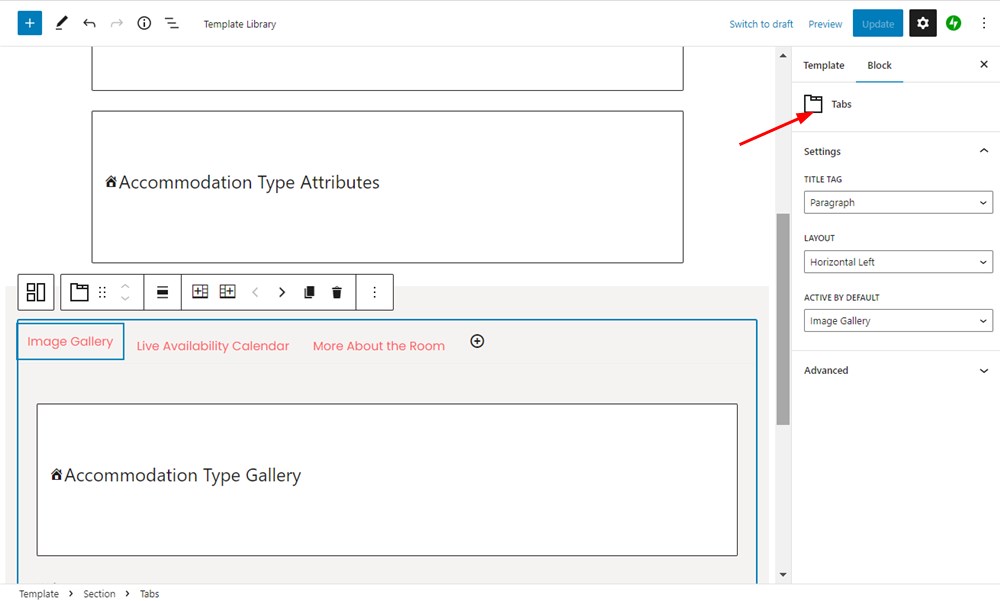 The Tabs block in the WordPress editor.