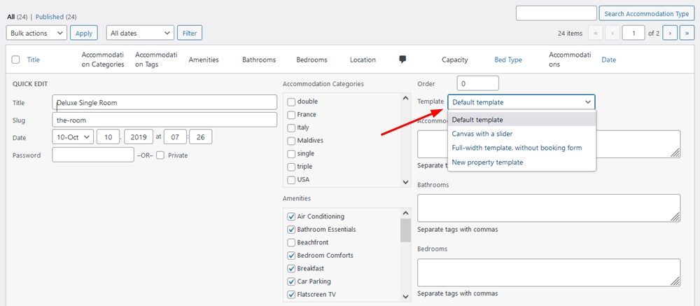 The template selector WordPress.