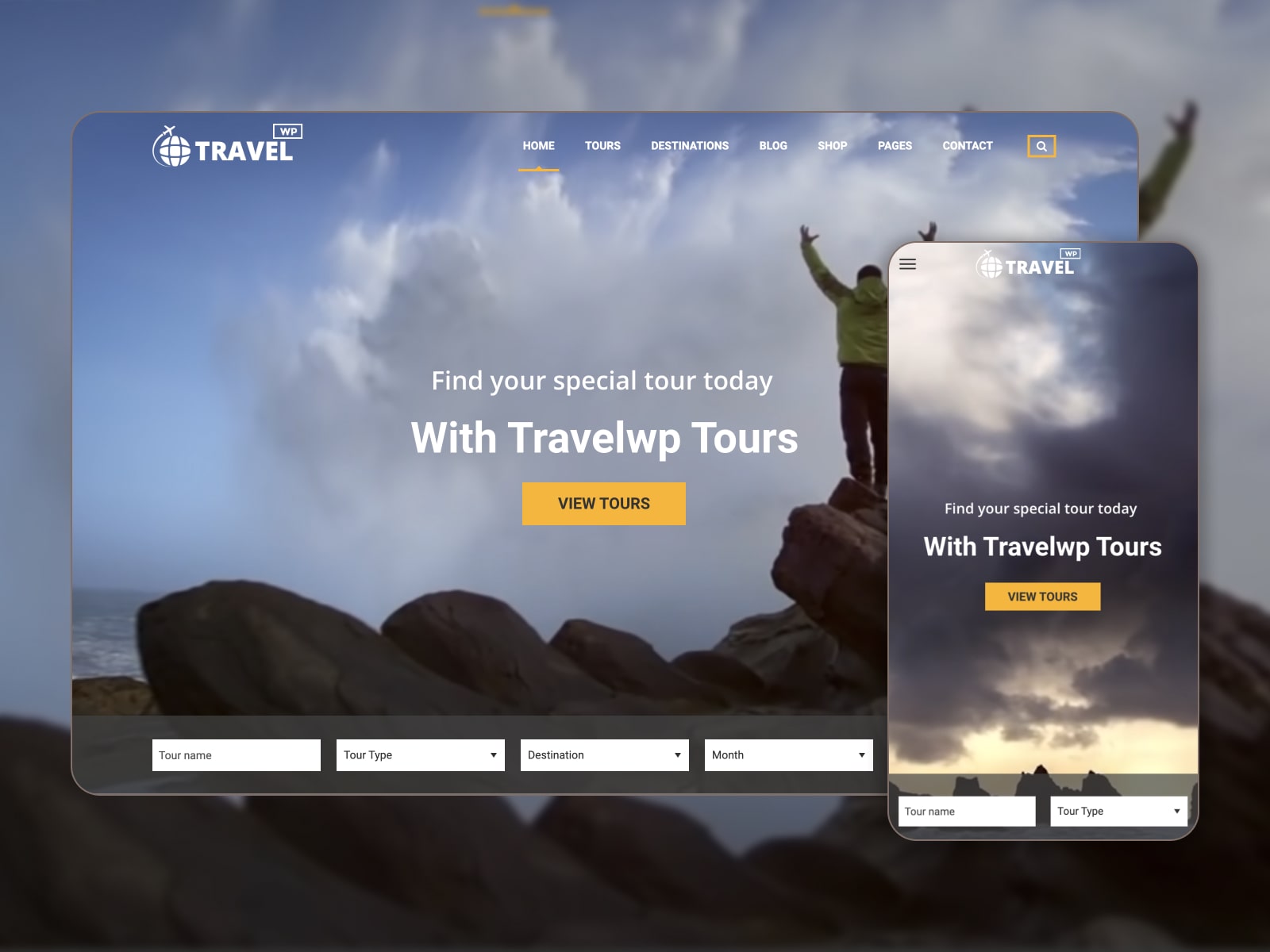 Collage of the TravelWP WordPress theme demo website.