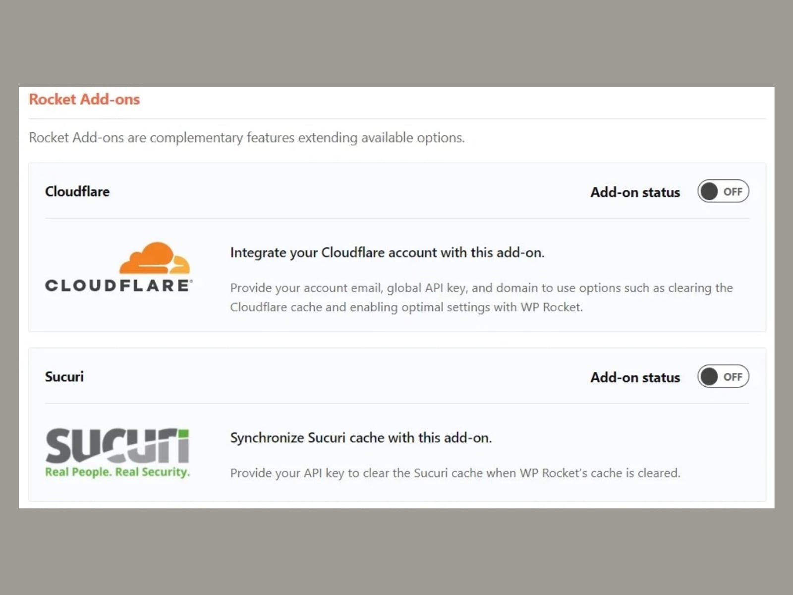 WP Rocket add-ons that include Sucuri and Cloudflare.