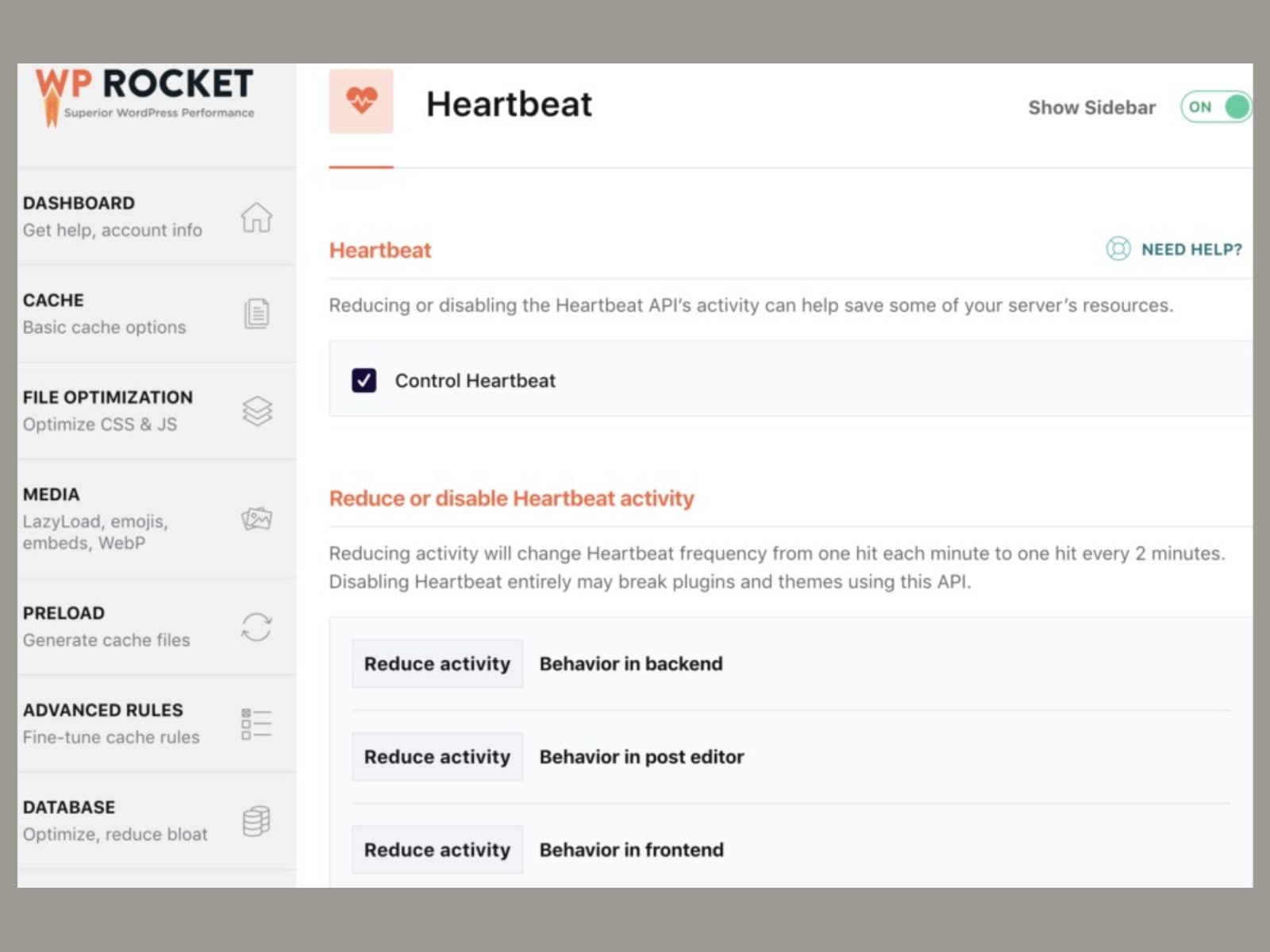 Image of WP Rocket heartbeat tab.