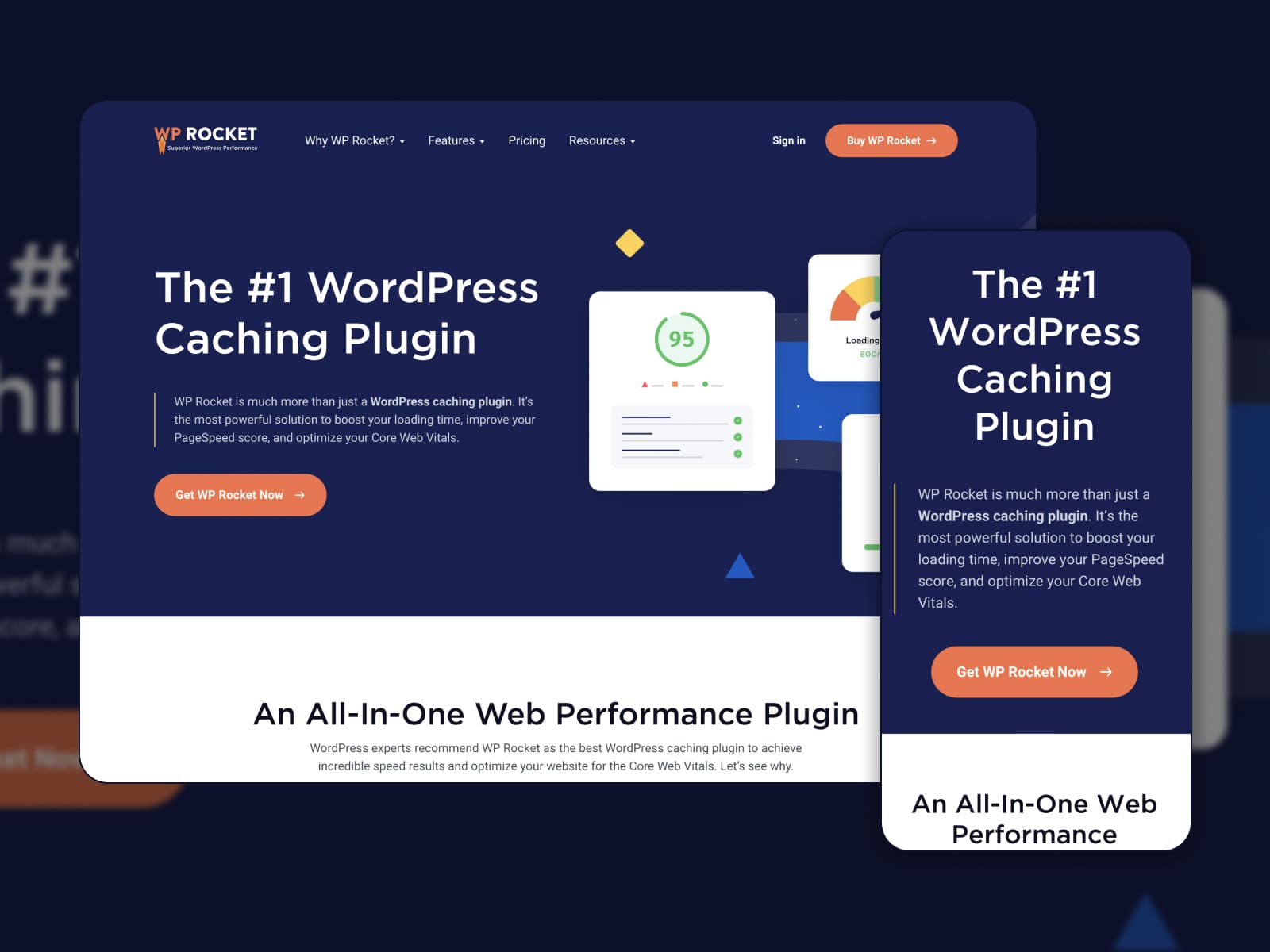 Collage of the WP Rocket plugin homepage in dark-blue and orange colors for a review.