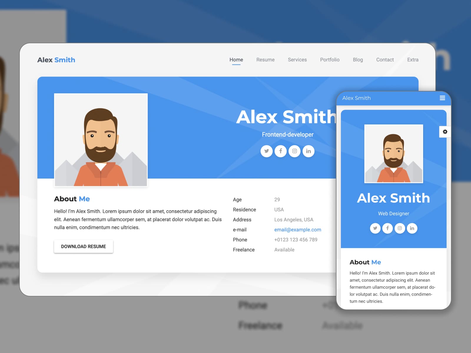 Collage of the CV demo website made with the Aveo WordPress theme.