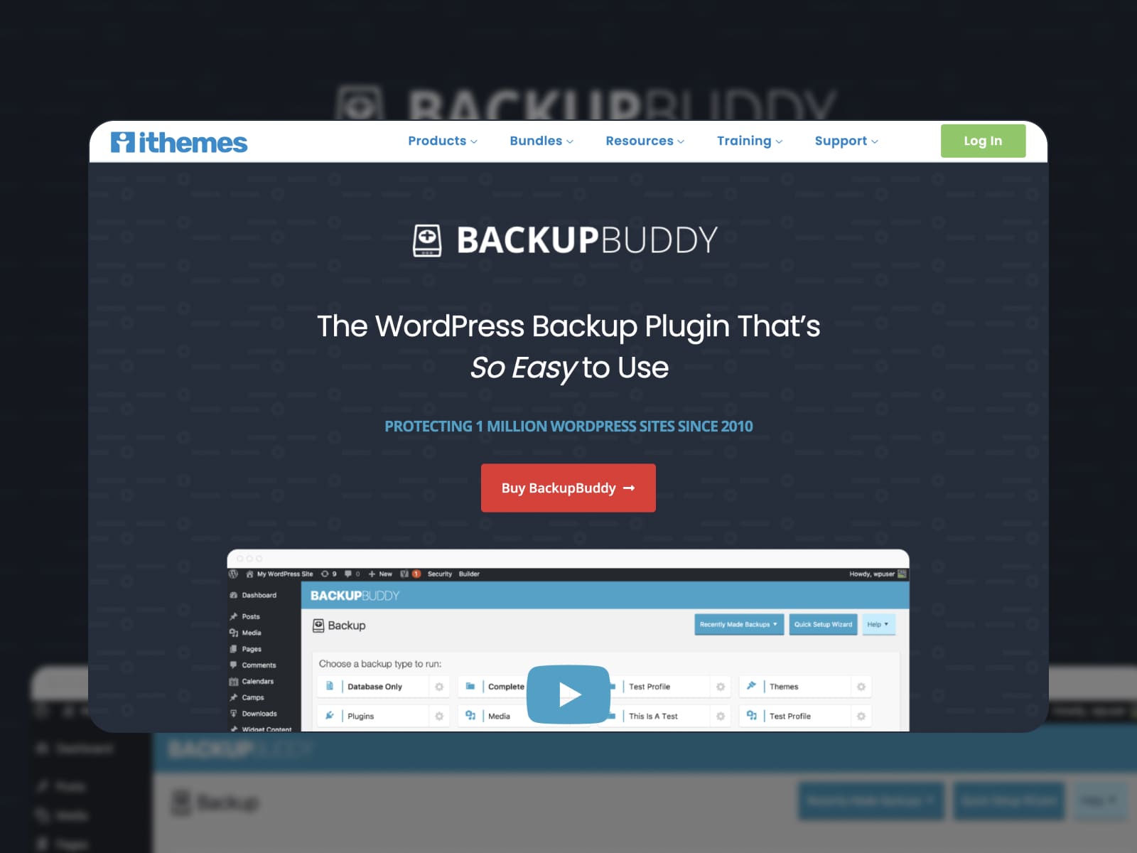 Screenshot of the BackupBuddy backup plugin homepage in dark blue and white colors.