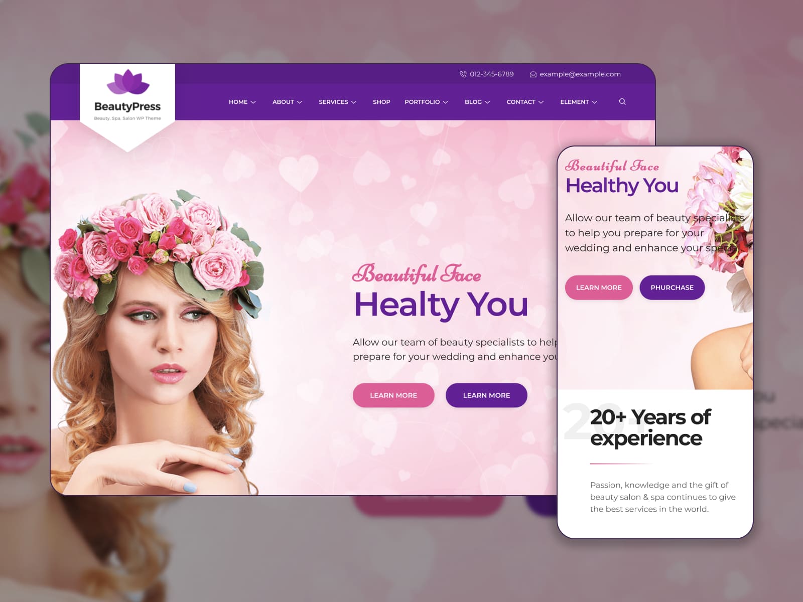 Collage of the BeautyPress WordPress beauty theme depicting a girl with a wreath of pink flowers.