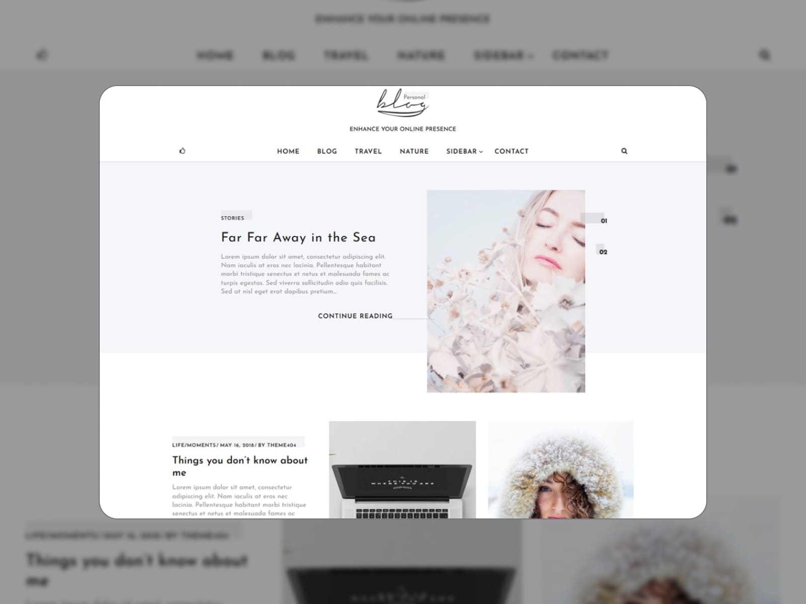 Collage of the Blog Personal WordPress theme demo page in white, grey, and pink colors.