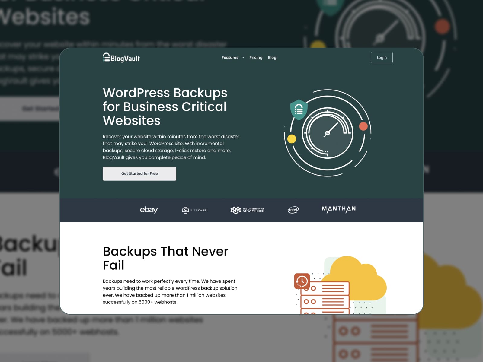 Screenshot of the BlogVault backup WordPress plugin homepage in dark green and white colors.