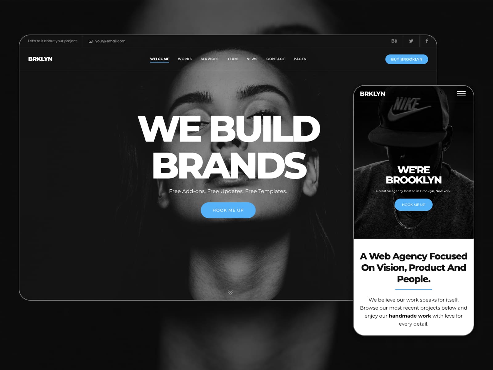 Collage of the Brooklyn personal website theme demo page in dark mode with white typography.