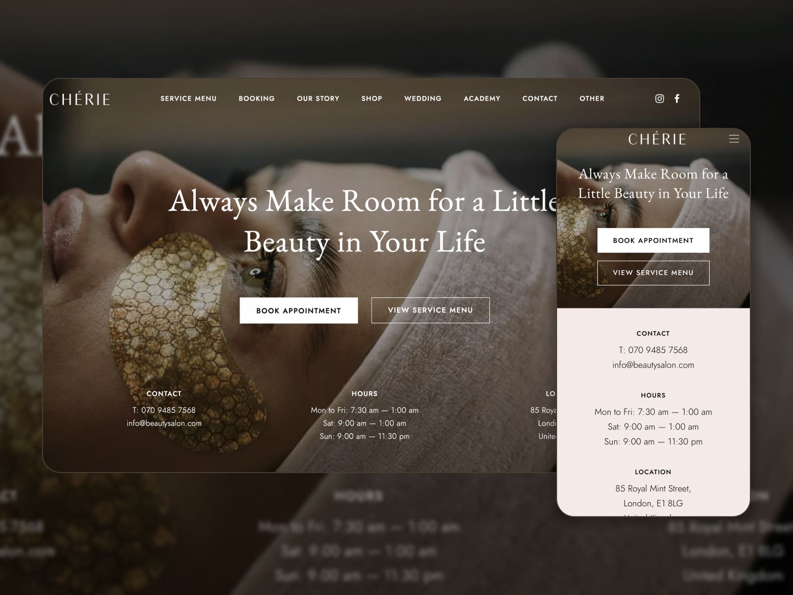 Collage of the Chérie WordPress beauty and spa theme demo page in brown and white colors.