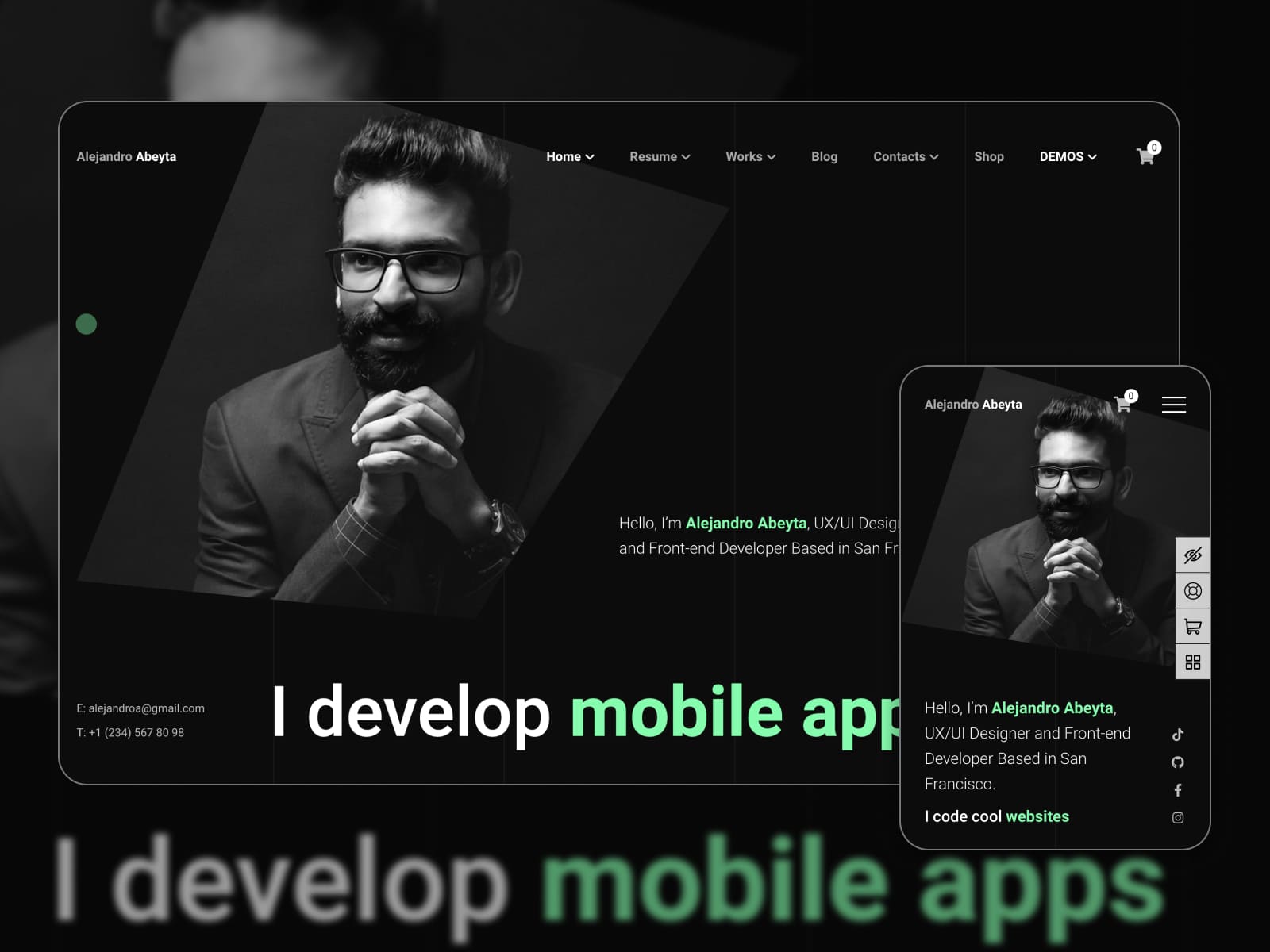 Collage of the Cvio personal resume WordPress theme demo page in dark mode. 