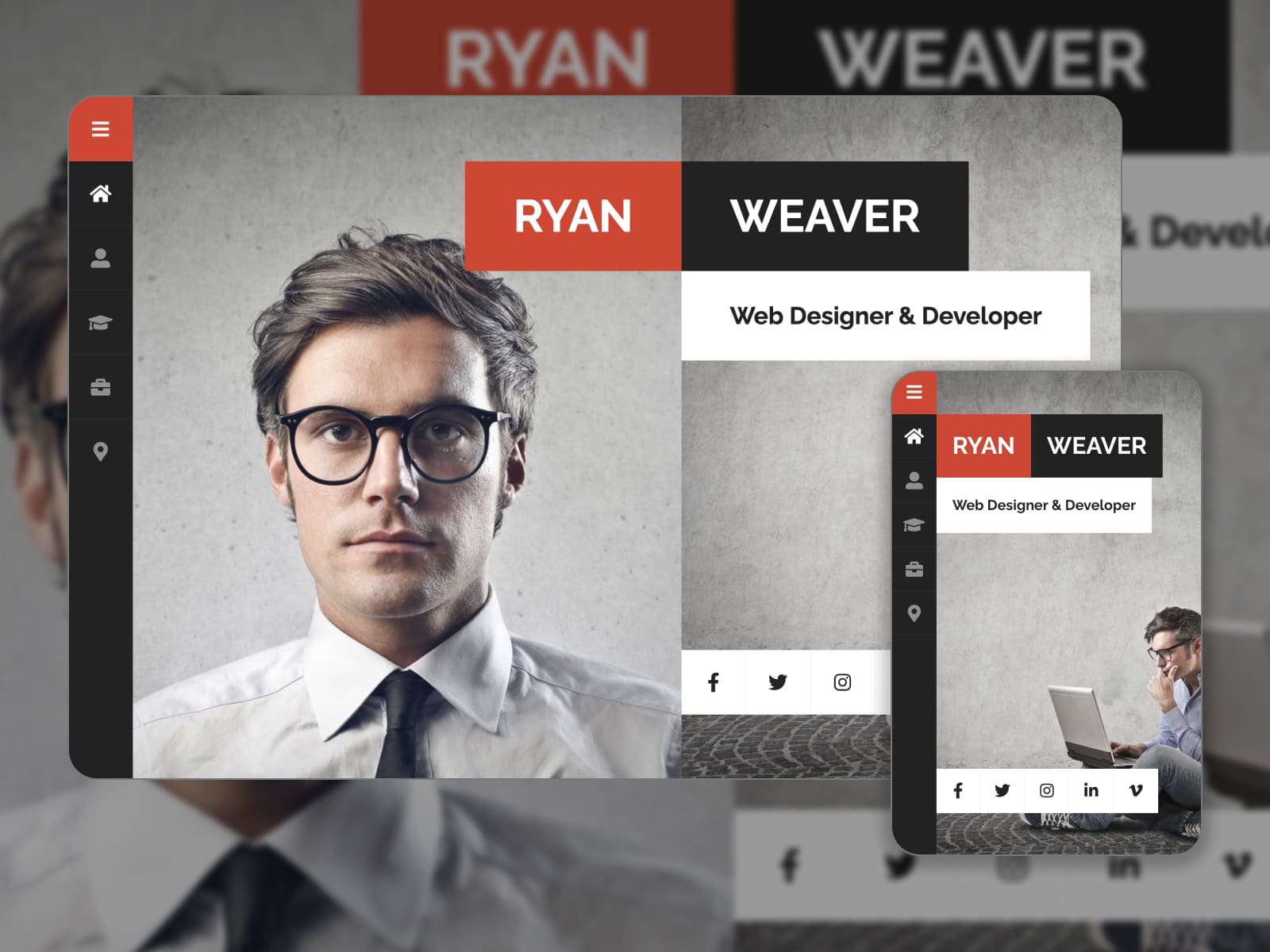 Collage of the Divergent web designer website demo page in grey, red, and black colors.