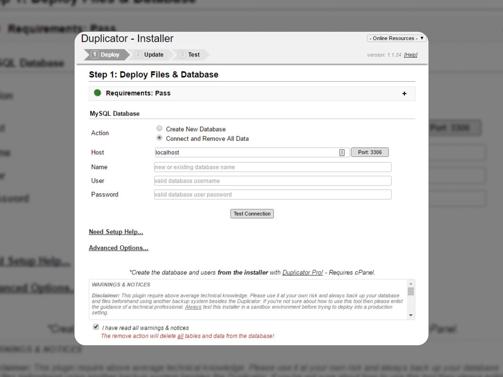 The first step in the menu of the Duplicator WordPress backup plugin installer.