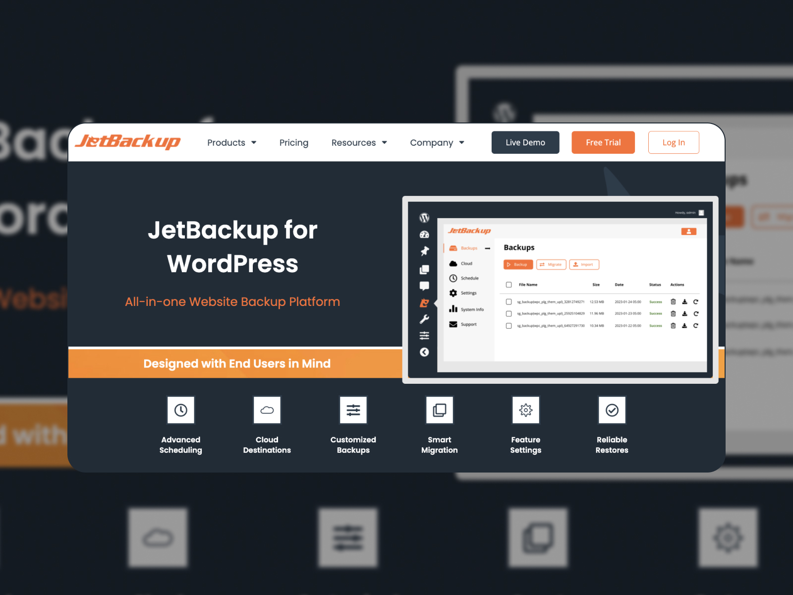 Collage of the JetBackup plugin homepage in black, white and orange colors.