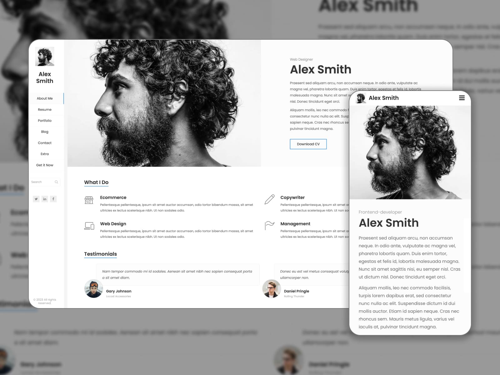 Collage of the Kerge theme demo page for a WordPress personal resume website in light mode.