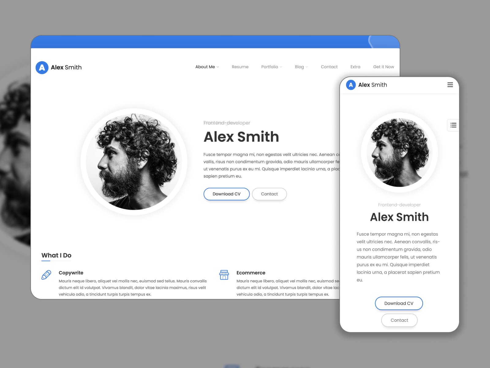 Collage of a personal resume website demo in light mode created with the Leven WordPress theme. 