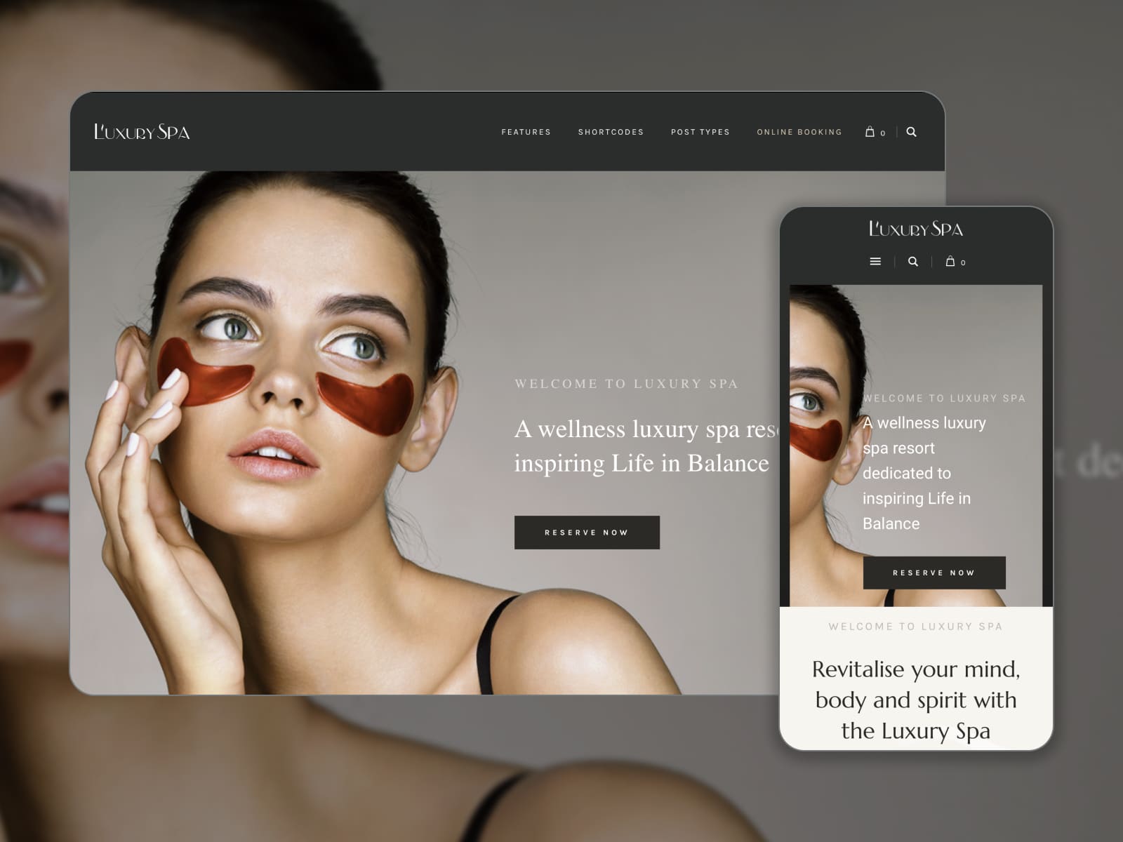 Collage of the Luxury Spa WordPress theme demo page depicting a girl with eye patches.