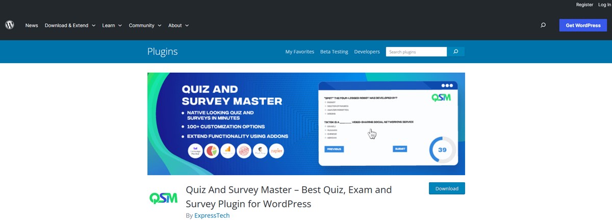 The Quiz And Survey Master plugin's page.