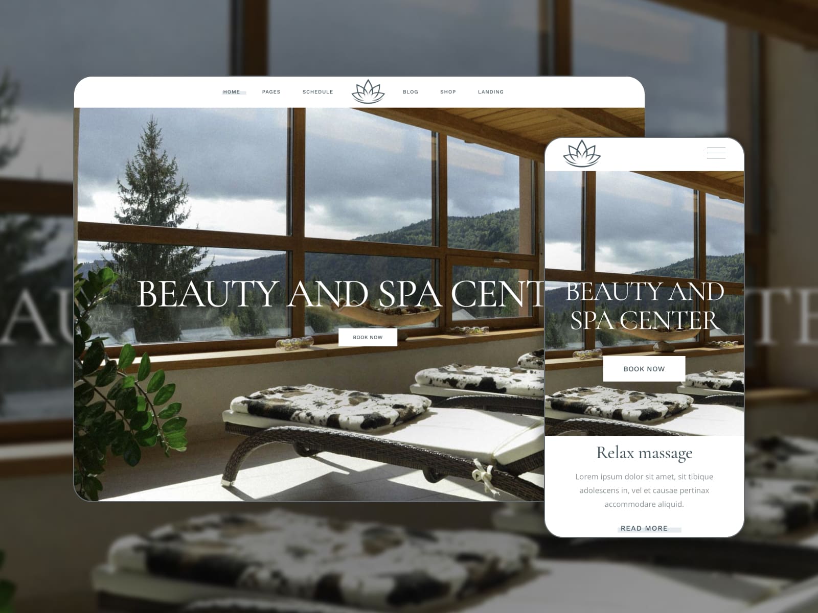 Collage of a demo page of the Reina Spa Center WordPress theme.