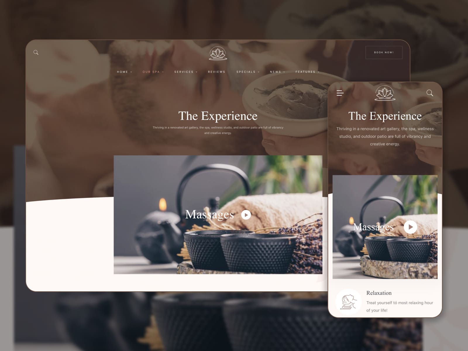 Collage of the Rela spa theme demo page with the experience and video about massages.