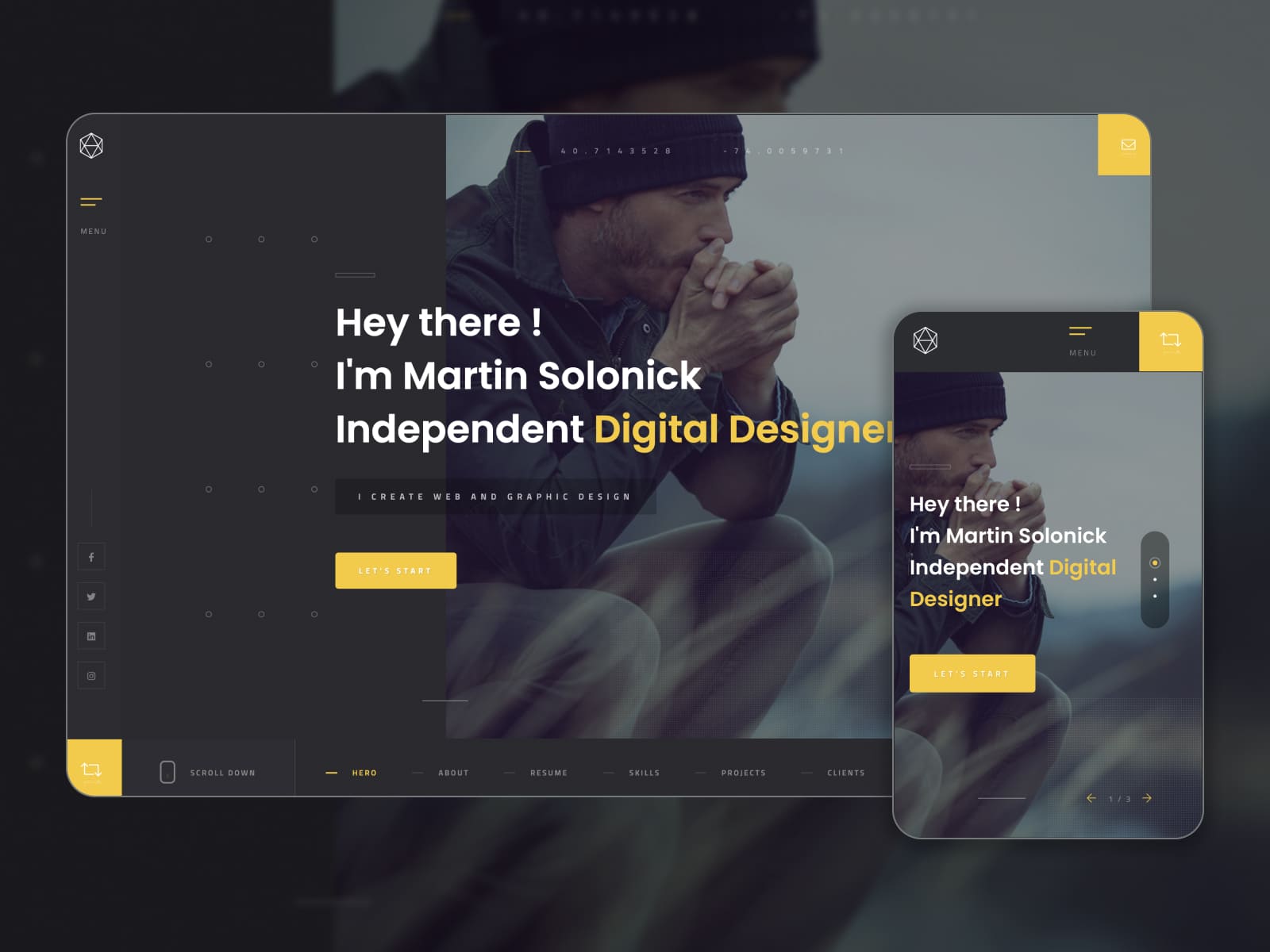 Collage of the Solonich digital designer website demo page in dark mode.