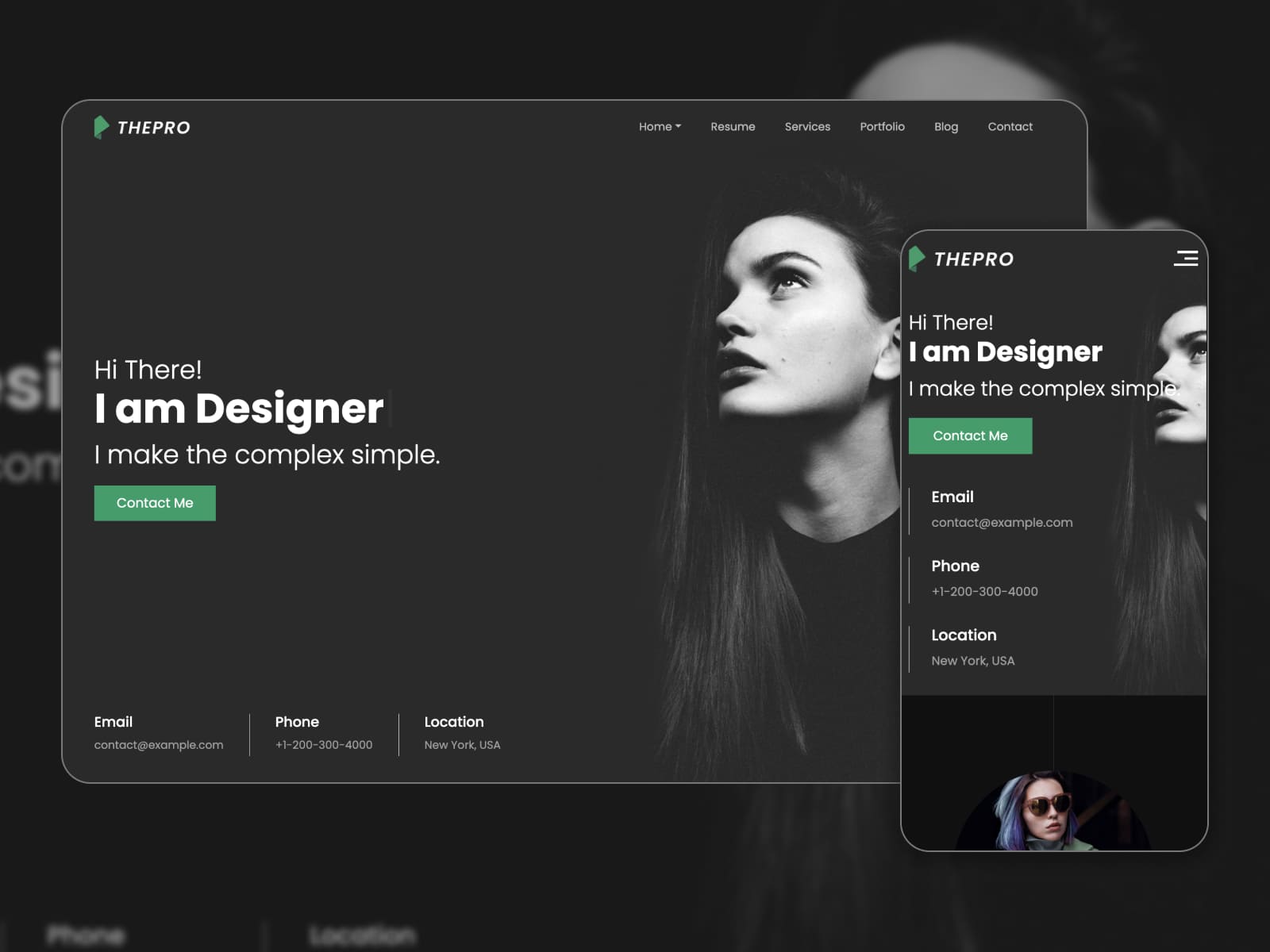 Collage of the demo page of the ThePro theme for a WordPress personal portfolio in dark mode.