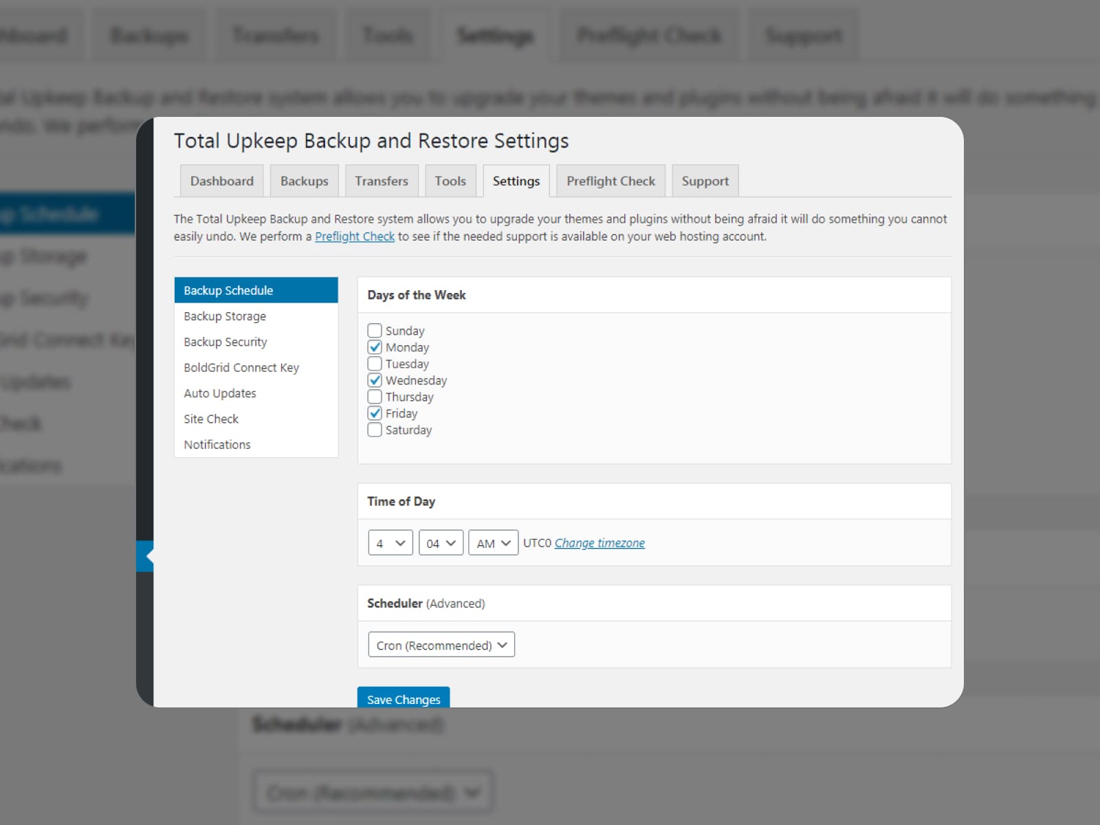 Screenshot of the backup and restore settings of the Total Upkeep plugin for WordPress backup.