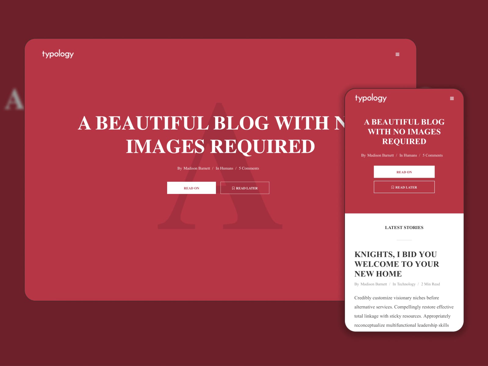 Collage of the Typology personal blog WordPress theme demo page in red and white colors without images.