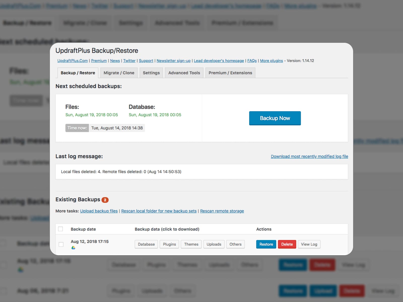 Collage of the backup and restore menu of the UprdaftPlus WordPress backup plugin.