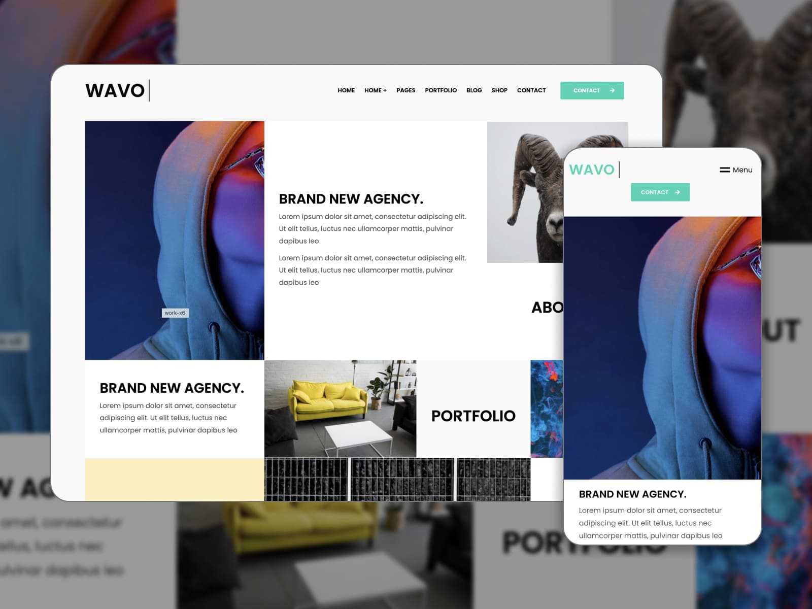 Collage of the demo page of the WordPress portfolio Wavo theme.