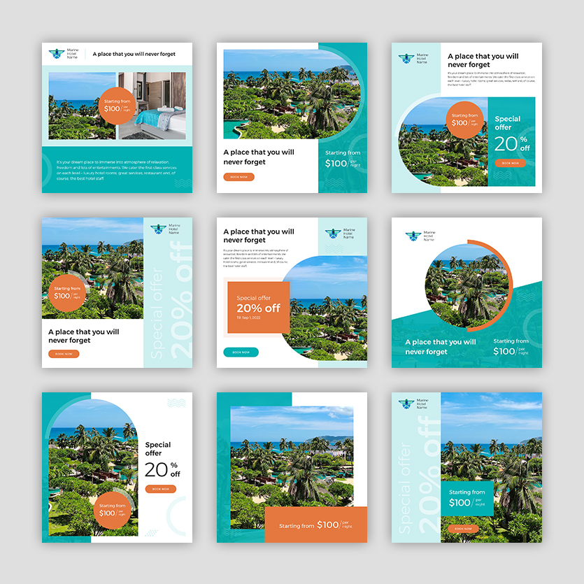 A preview of a collection of free social media templates for hotel for Instagram.