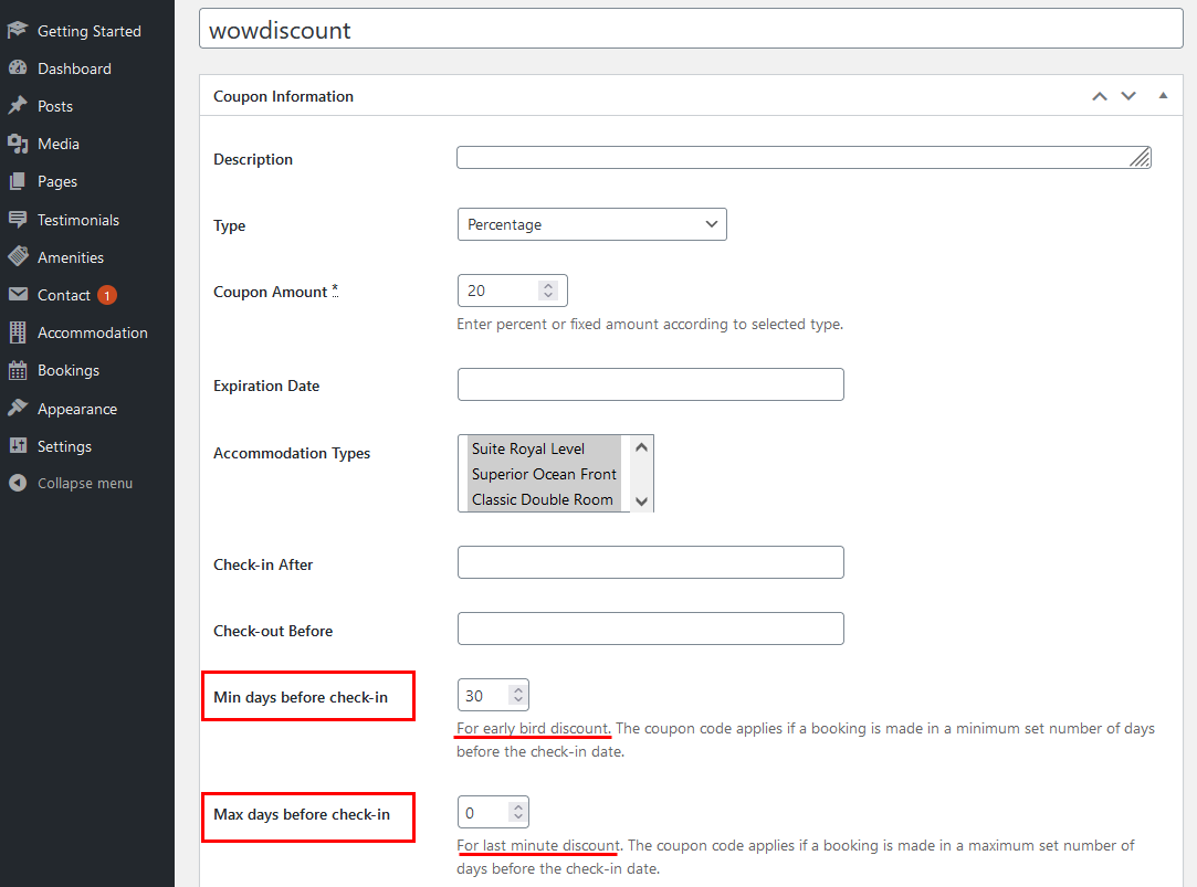 The coupon code settings in Hotel Booking.