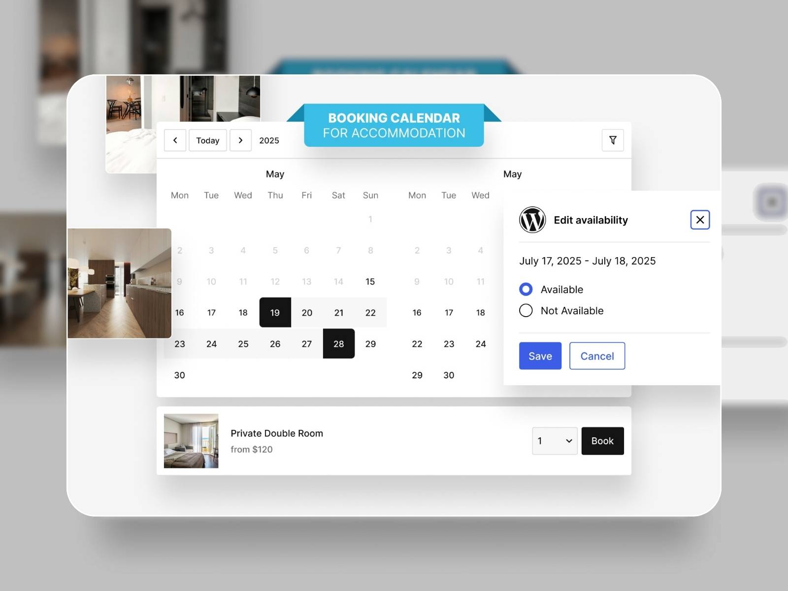 Collage of MotoPress Booking Calendar demo for hotel booking website.