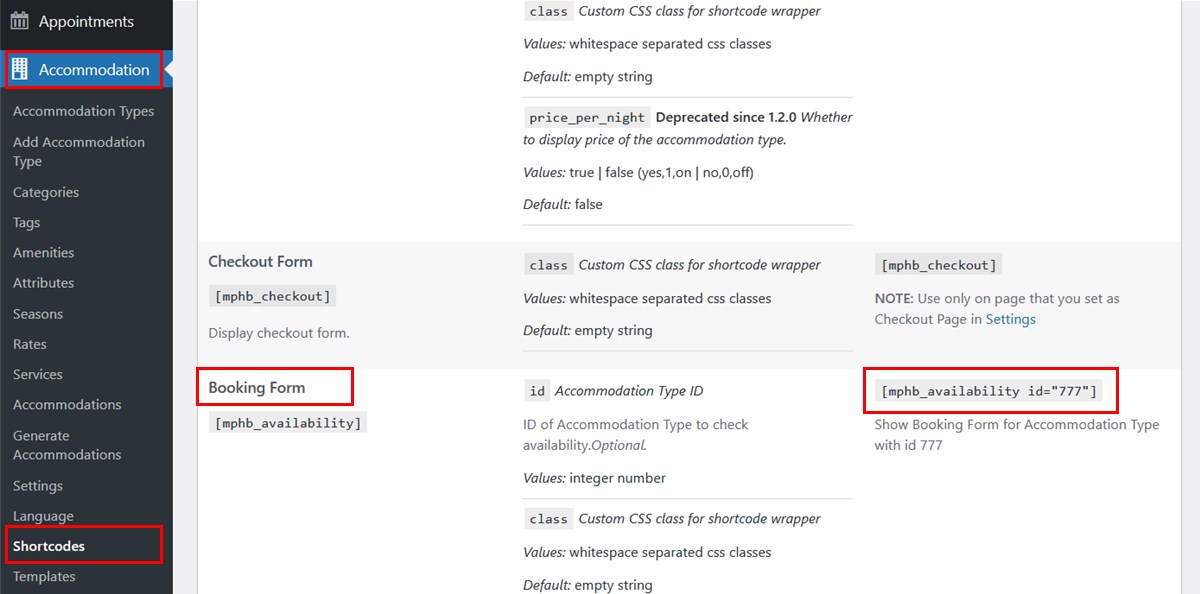 The Shortcodes menu in the Hotel Booking plugin.